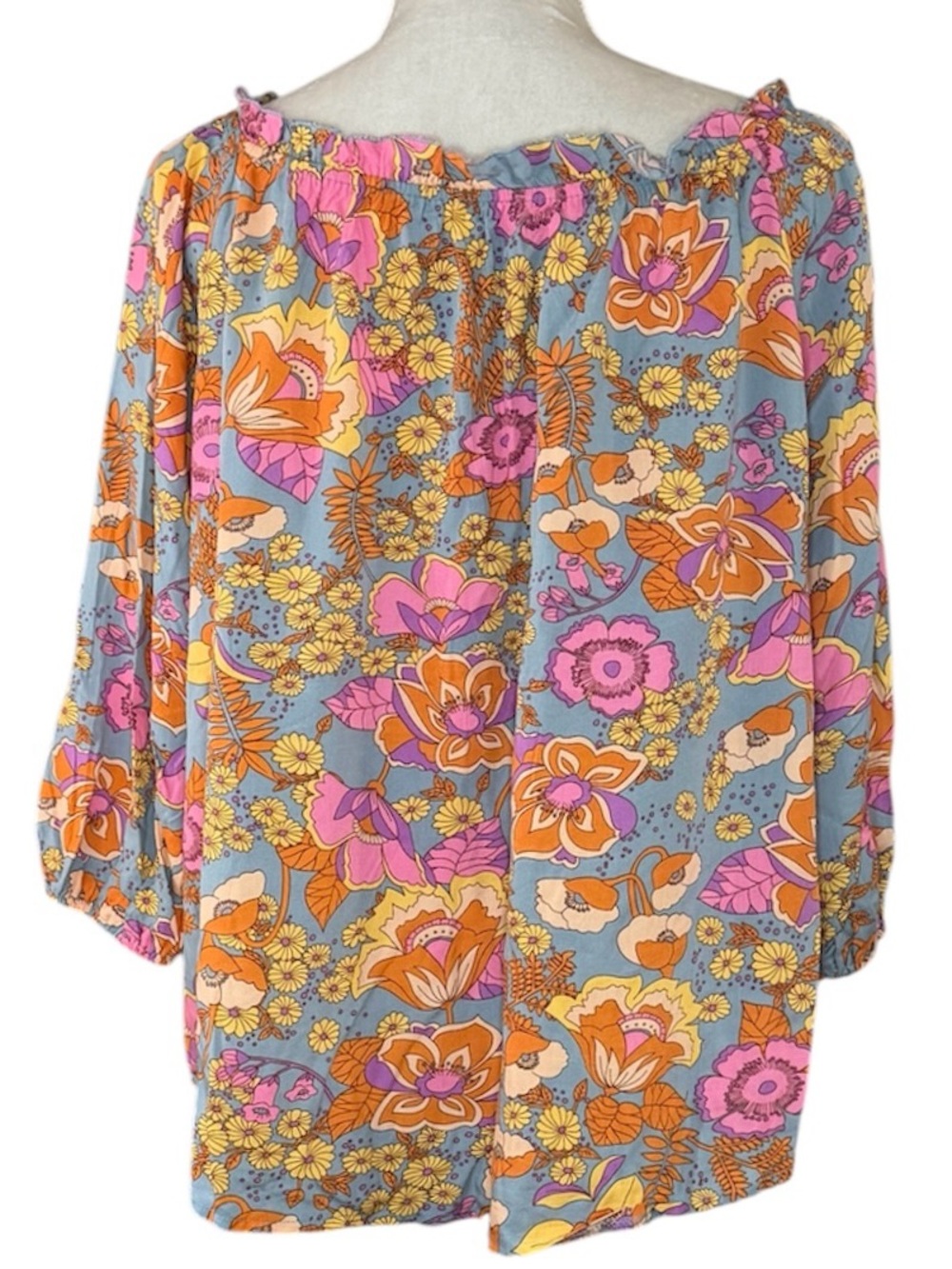 Retro Floral Peasant Blouse – Boho Tie Neck 3/4 Sleeve Size Unknown - Picture 3 of 4